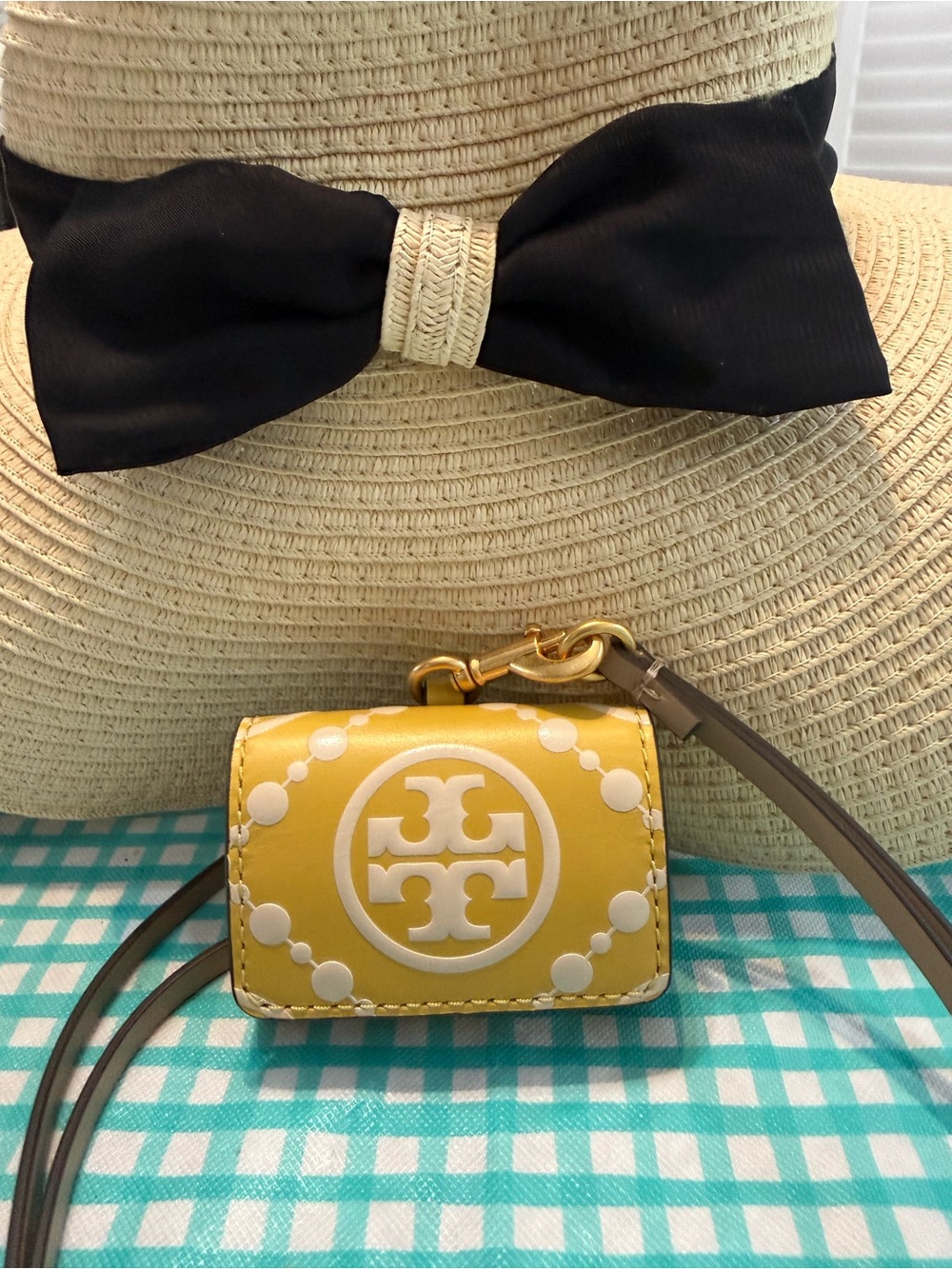 Tory Burch Yellow and White Logo Earbud case 
 with Brown Strap